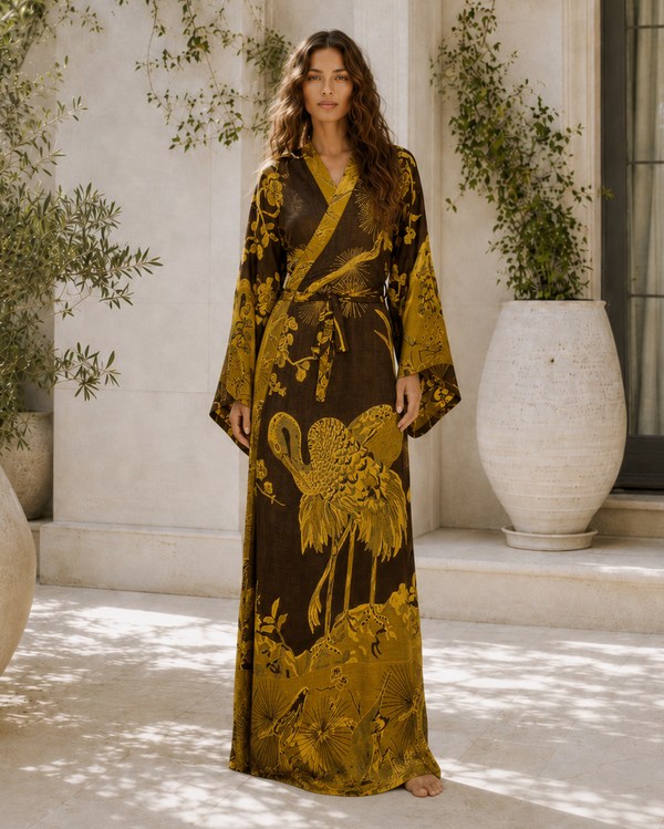 Elegant brown and gold wrap dress with crane print, styled for boho luxury fashion