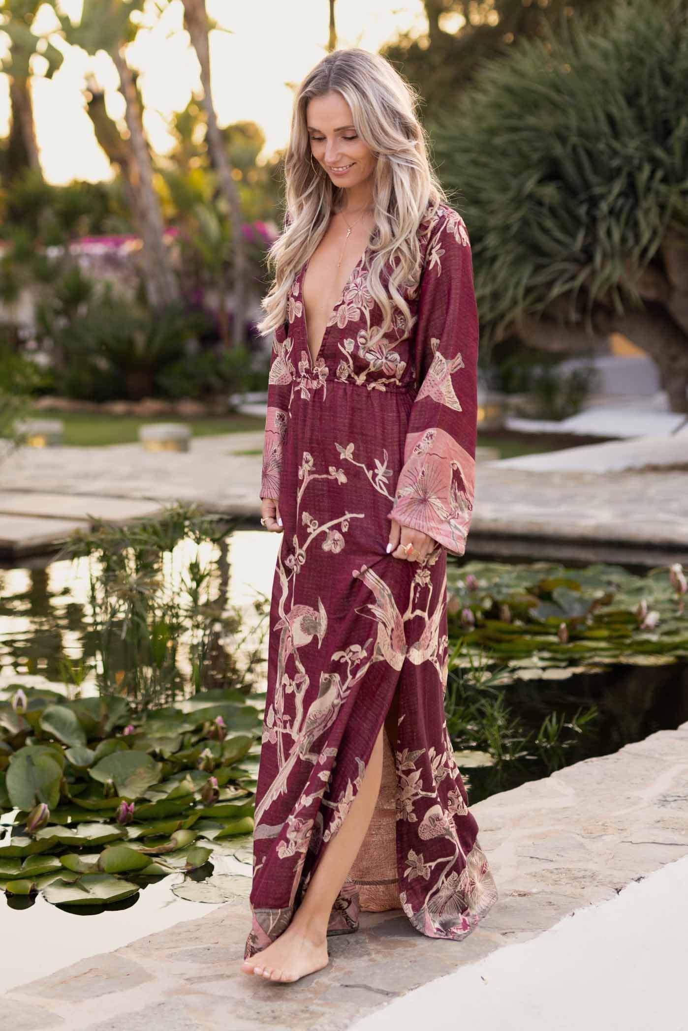 burgundy floral maxi dress Rayon Dress: Boho Chic Plum 'carrie Dress' A slit completesthe ankle Red Floral Embroidered Maxi Dress