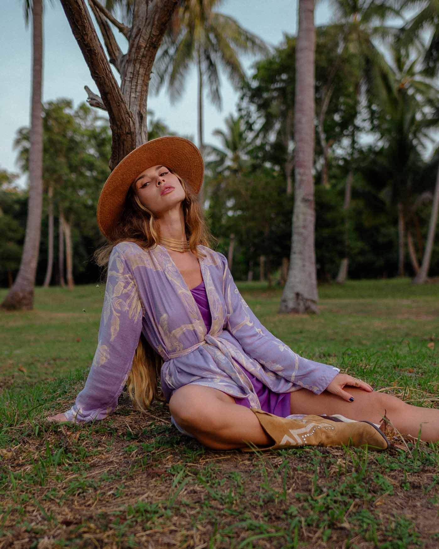 Parvati Long Kaftan - Liselund Print - Cyclamen / Mustard